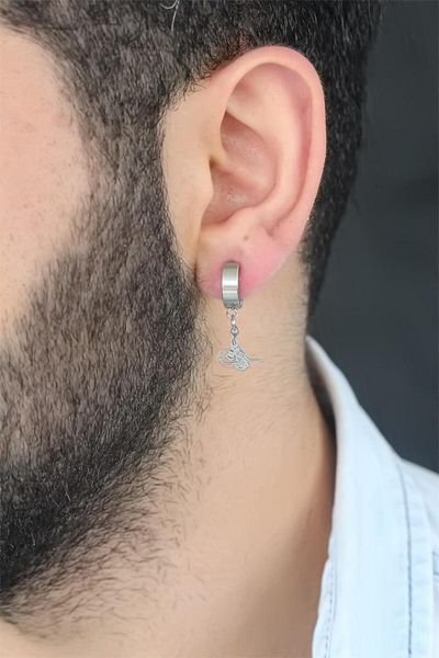 Skygo Silver Color Plated Ottoman Tughra Figured Pinched Steel Men's Earrings - Tj-Ekp117
