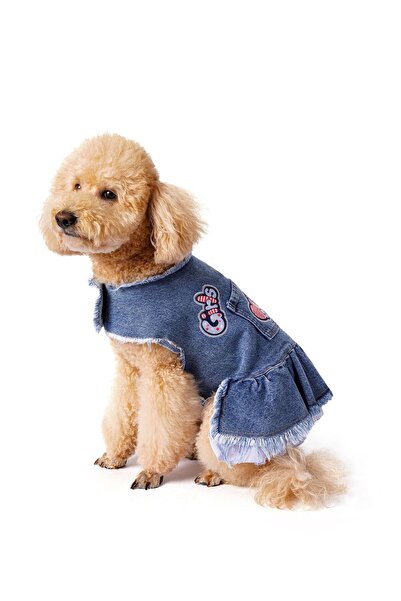 fouramour Mavi Etekli Koyu Kar Yıkama Denim Köpek Elbisesi "Girls"