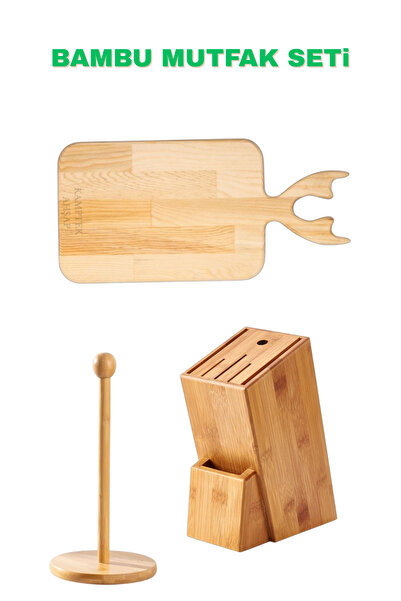 kamptek kamp teknolojisi Bambu Mutfak Seti Bıçaklık Standı Kesme Tahtası Havl...