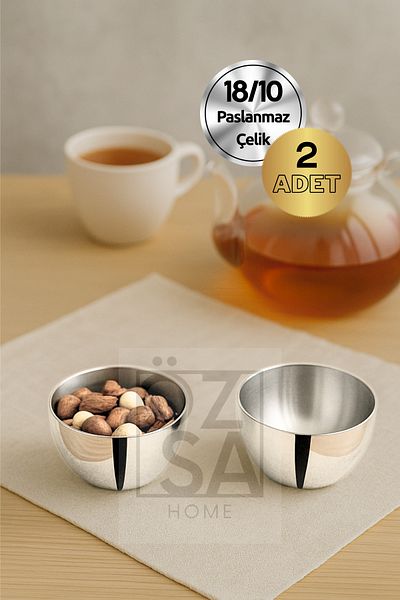 ÖzSa Home 2 Pieces 18/10 - 304 Quality Stainless Steel Snack Bowl Nut Holder Snack Bowl Set 9 cm Bowl