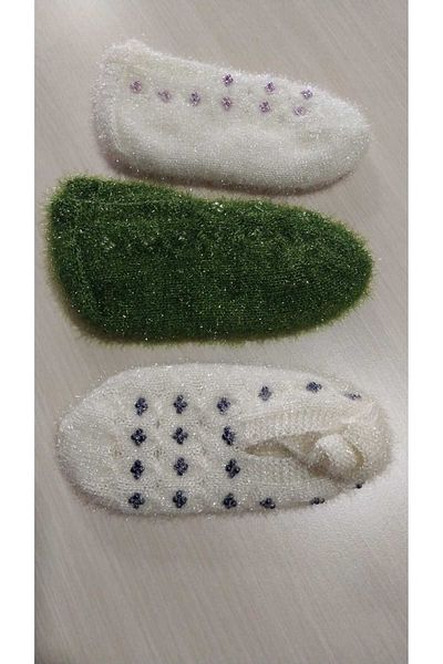Papatyam 3 Pieces of Hand-Knitted Glitter Thread Beaded Five Needles/Handcrafted Booties/Dowry Booties/Knitting/Home Booties/Handcrafted Socks