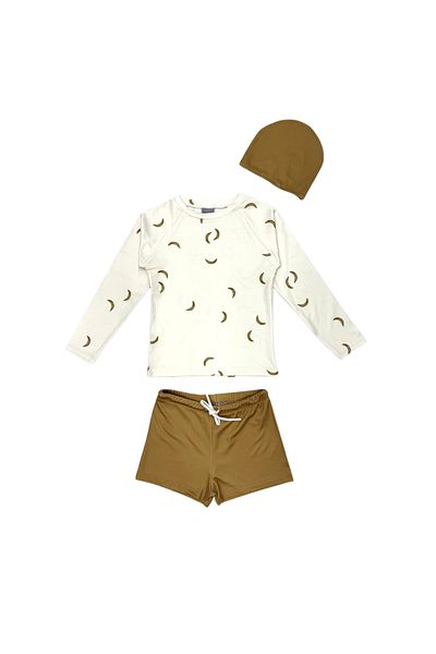 Bebetopya Banana Pattern Long Sleeve Kids Baby Swimwear Shorts and Cap Set