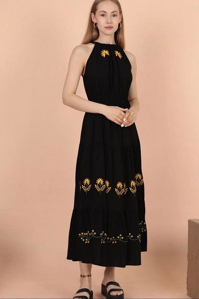 AYASOFYA OTANTIK Γυναικείο μαύρο γιακά με λαιμόκοψη Ethnic Floral Κέντημα Λεπτομερές Αμάνικο Μακρύ Φόρεμα