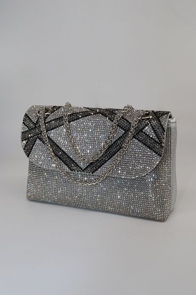 KEEBA Silver Evening Dress Bag with Stones. Wedding Graduation Portfolio Clutch Invitation Bag. Women's Silver Evening Dress Stone Bag