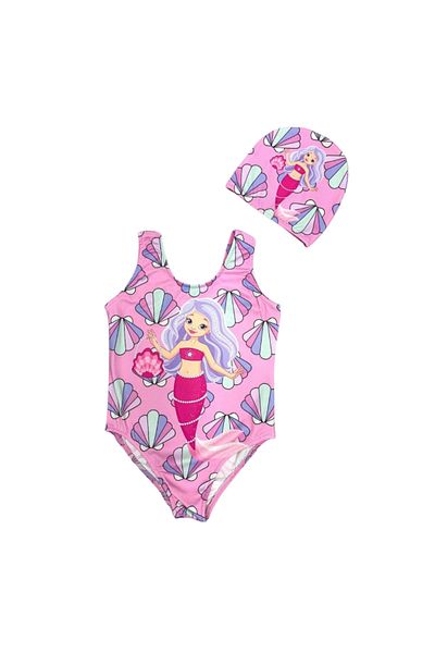 Bebetopya Cute Mermaid Patterned Girls' Swimsuit and Cap Set