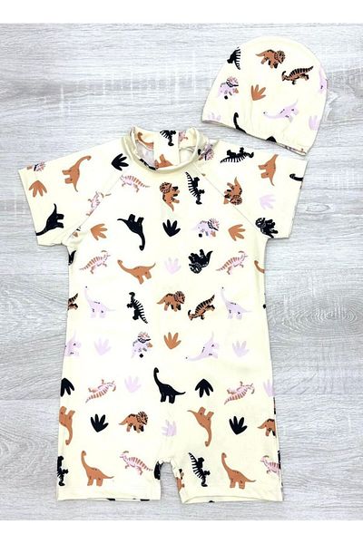 Bebetopya Tiny Dinosaurs Land Short Sleeve Kids Baby Romper Swimsuit and Cap Set