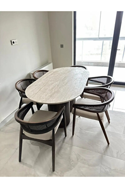 SEZBİL Bohem Gazel Hasır Masa Takımı Ahşap Masa Takımı 6 Kişilik Masa Sandalye Takımı