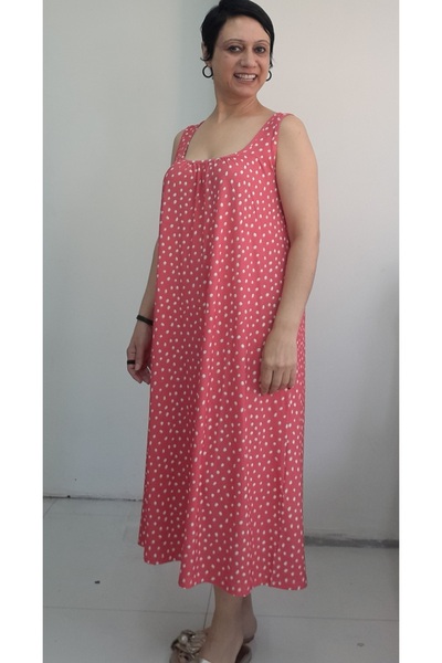 Mertcan Butik Pomegranate Flower Polka Dot Front Back Gathered Strap Combed Viscose Dress