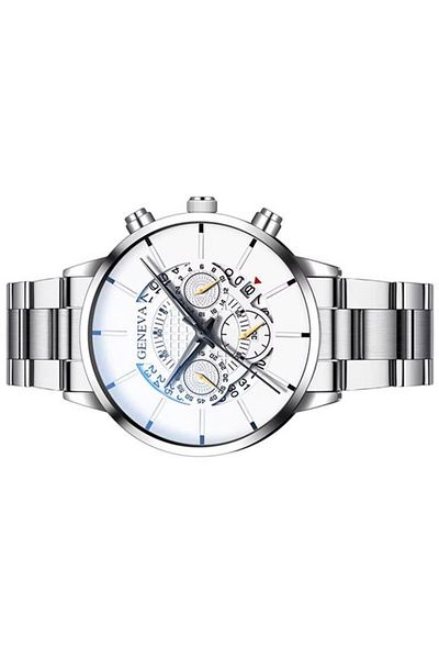 REDz Accessories Quantum Geneva Watch, Men's, Calendar, Classic Strap, Metal, Silver and White