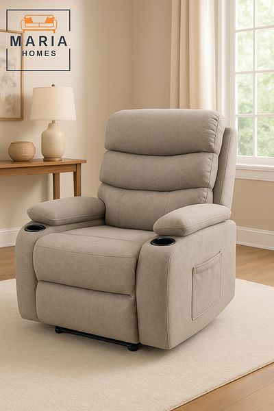 MARIA HOMES Premium Fabric Recliner Chair with Cup Holders – Modern Grey Comfort Lounge Seat