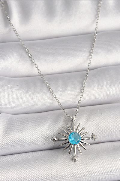 Skygo 316L Steel Silver Color Chain Blue Stone Detailed North Star Model Women's Necklace - Tj-Bko9807