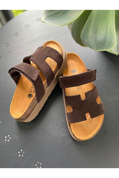 Land of Cork Women's Suede Natural Cork Sole, Anatomical, Adjustable Velcro Strap Comfortable Slippers