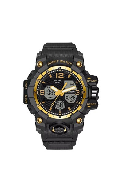 REDz Accessories Ceas Marathon, sport, pentru bărbați, cronometru și alarmă, dată digitală, curea din silicon, negru-auriu