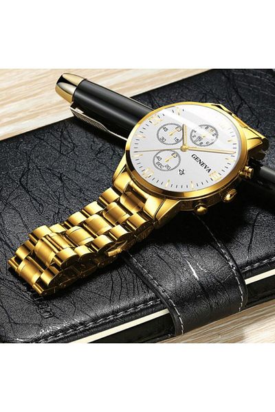 REDz Accessories Men's Watch, Geneva Model, Stainless-Steel, Gold/White