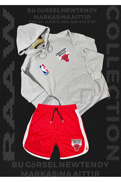 Minikelya Chigago Bulls Team Sweatshirt Shorts Combination Set for Fans 2 Items