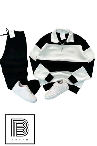 BRLKN New Season Unisex Thick Striped Cotton Tracksuit Set - Half Zipper, 3 Thread