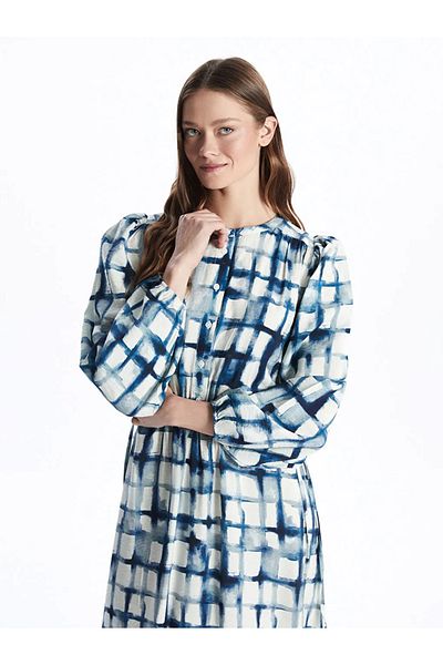 LC Waikiki Lcwaikiki Classic Blue Crew Neck Print Women's Dress