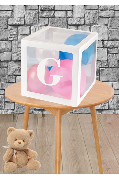 Doğumgünü Atölyem G Harfli Şeffaf Beyaz Balon Kutusu ve 5 adet Küçük Balon Se...