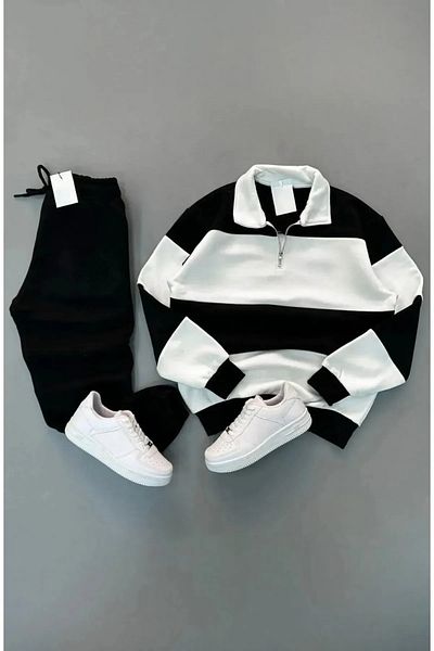 BRLKN New Season Unisex Thick Striped Cotton Tracksuit Set - Half Zipper, 3 Thread