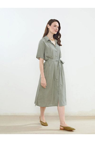 LC Waikiki Lcw grace green striped linen blend women's shirt dress