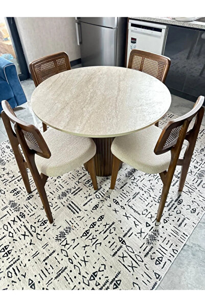 SEZBİL Yuvarlak Ahşap Zion Masa Takımı Bohem 4 Kişilik Mutfak Masa Sandalye Takımı İskandinav Hasır