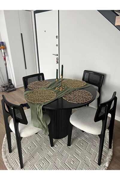 SEZBİL Yuvarlak Ahşap Zion Masa Takımı Bohem 4 Kişilik Mutfak Masa Sandalye Takımı İskandinav Hasır