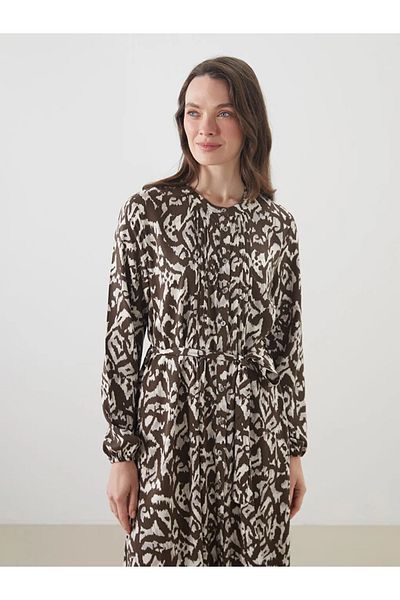 LC Waikiki Lcw grace brown bicycle collar patterned belted shirt dress