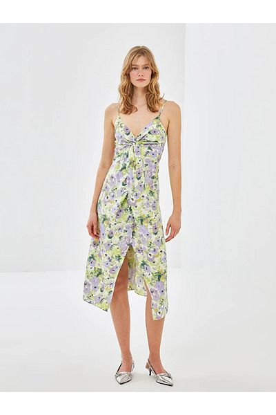 LC Waikiki Blais green v-neck patterned strap women's dress