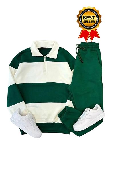 BRLKN New Season Unisex Thick Striped Cotton Tracksuit Set - Half Zipper, 3 Thread