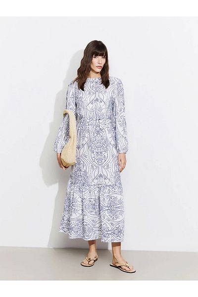 LC Waikiki Lcwaikiki Classic Blue Stand Collar Print Women's Dress
