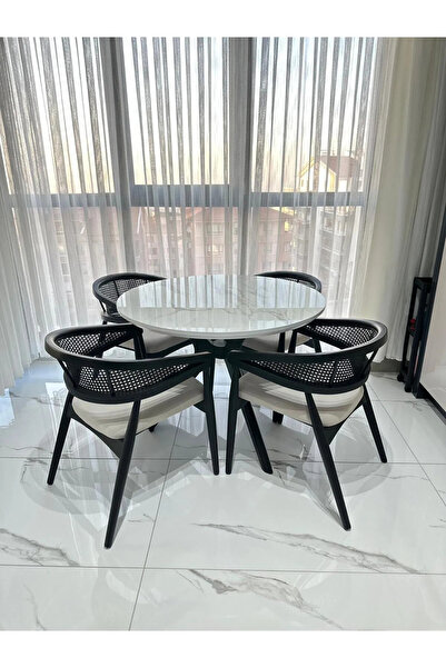 SEZBİL Yuvarlak Ahşap Gazel Masa Takımı Bohem 4 Kişilik Mutfak Masa Sandalye Takımı İskandinav