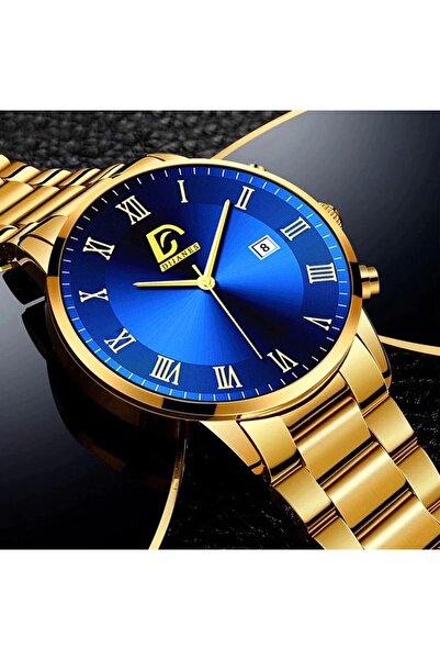 REDz Accessories Ceas de lux, cronograf, bărbătesc, oțel inoxidabil, auriu-albastru