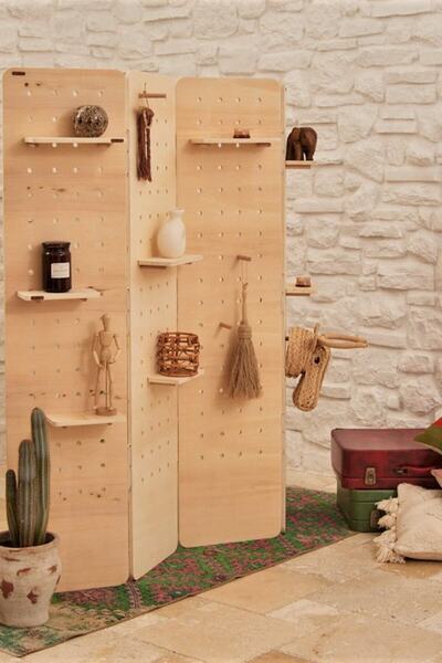 ESLENTA Huş Ağacı 3 Kanatlı Katlanabilir Çok Amaçlı Ahşap Paravan