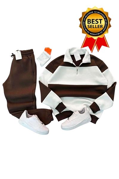 BRLKN New Season Unisex Thick Striped Cotton Tracksuit Set - Half Zipper, 3 Thread