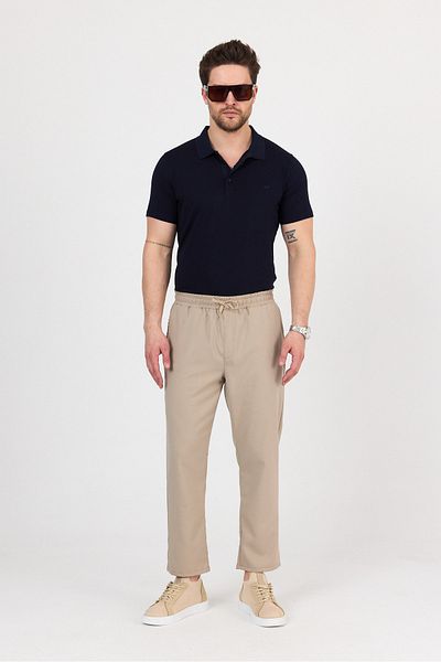 Buket Tekstil Men's Beige Side Pocket Elastic Waist Relaxed Cut Fabric Trousers