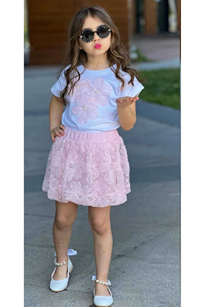 Marka Sensin Kids Girl's Pink Flower Printed T-Shirt Flower Printed Pink Skirt Set of 2
