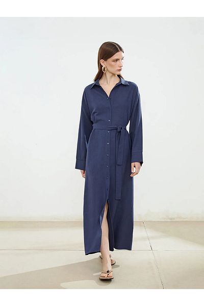 LC Waikiki Lcw modest navy blue linen blended women's shirt dress