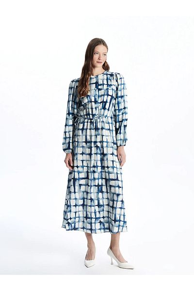 LC Waikiki Lcwaikiki Classic Blue Crew Neck Print Women's Dress