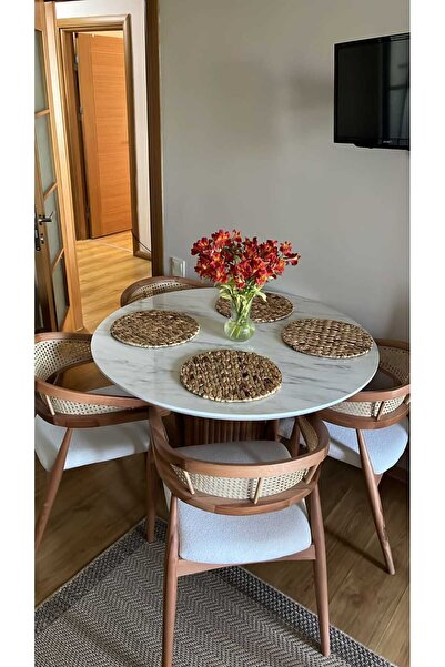 SEZBİL Yuvarlak Ahşap Gazel Masa Takımı Bohem 4 Kişilik Mutfak Masa Sandalye Takımı İskandinav