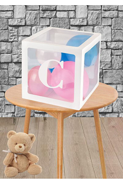 Doğumgünü Atölyem C Harfli Şeffaf Beyaz Balon Kutusu ve 5 adet Küçük Balon Se...