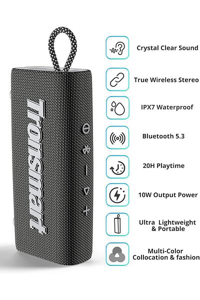Tronsmart مكبر صوت ترونسمارت تريب ميني محمول بتقنية البلوتوث، بلوتوث 5.3، 20 ساعة، ميكروفون وقت اللعب، مقاوم للماء (أسود)