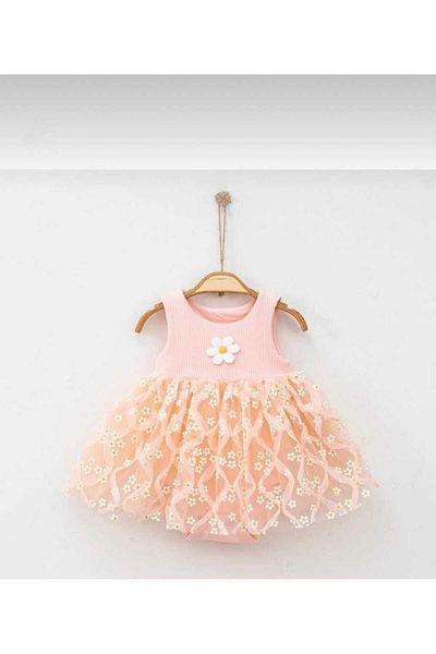 XORVİO Girl's Salmon Daisy Pattern Baby Tulle Snap Fastener Dress Summer Cotton Evening Dress Wedding Dress Gift