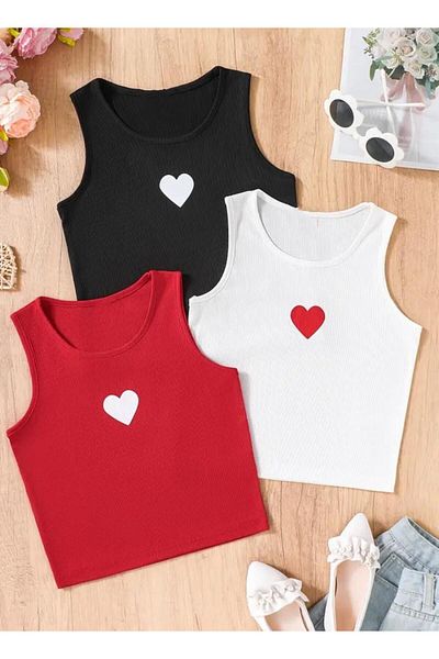 BEBEĞİME ÇORAP 3-Piece Girl's Lycra Crew Neck Heart Printed Camisole Crop Tank Top