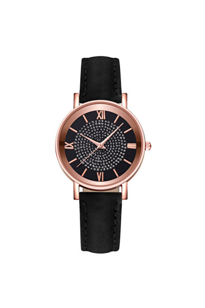 REDz Accessories Ηλιακό ρολόι, στρας, εφέ δέρματος, μαύρο και ροζ-χρυσό