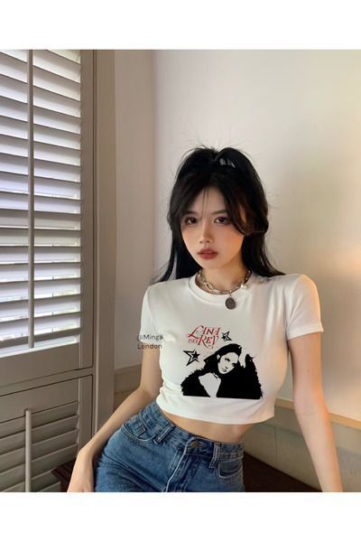 Minga London Λευκή μαύρη μπλούζα Lana Del Rey Crop -Ghostella