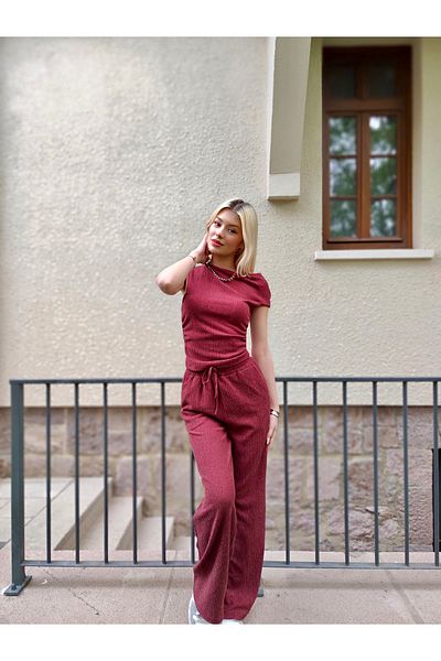 mekabutik Burgundy Shoulder Detail Elastic Waist Suit