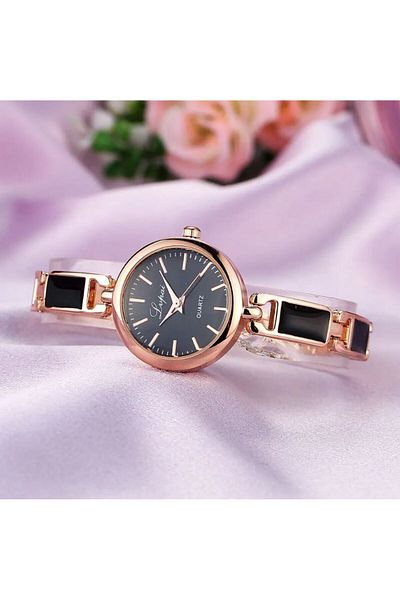 REDz Accessories Ceas Divine Lupai, Ultra Subțire, pentru Femei, Mecanism Quartz, Curea Metalică, Negru și Auriu-Roz