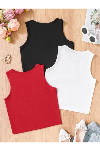 BEBEĞİME ÇORAP 3-Piece Girl's Lycra Crew Neck Heart Printed Camisole Crop Tank Top