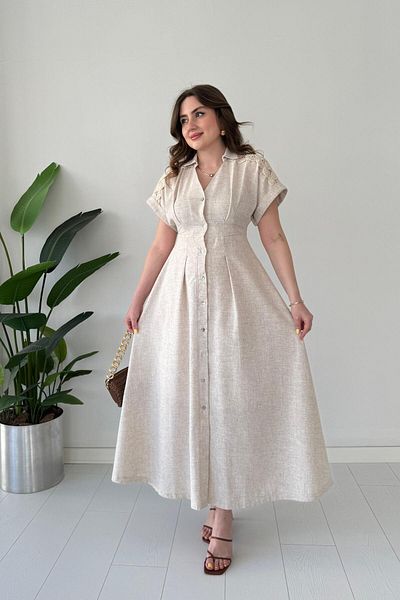 MaziButik Shoulder Lace Linen Dress Beige