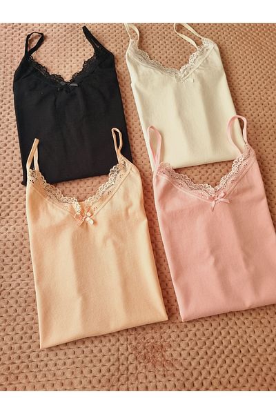 Demirsa Boutique 4 قطع من القمصان الداخلية النسائية ذات الحبال القطنية المكشكشة